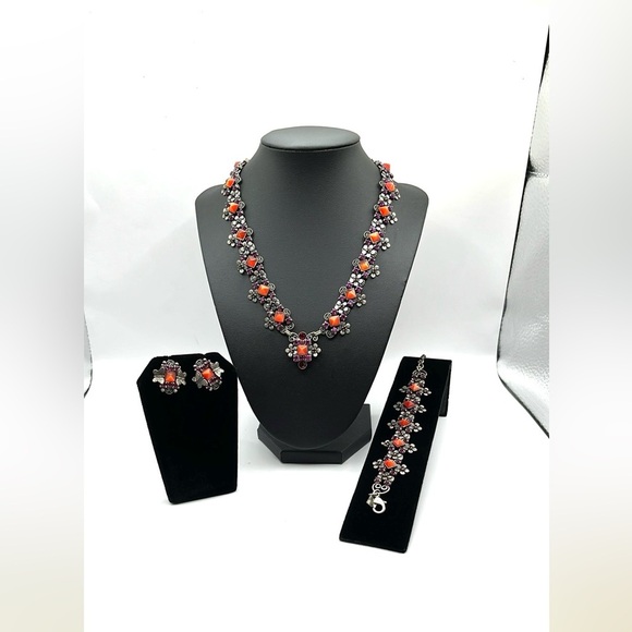 Mary DeMarco Necklace Bracelet Earrings Set Pink Silver Pewter Floral Butterfly - Picture 1 of 16